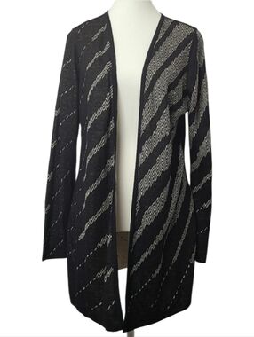 NIC+ZOE Black White Linen Blend Open Knit Cardigan Size M Lightweight Layering